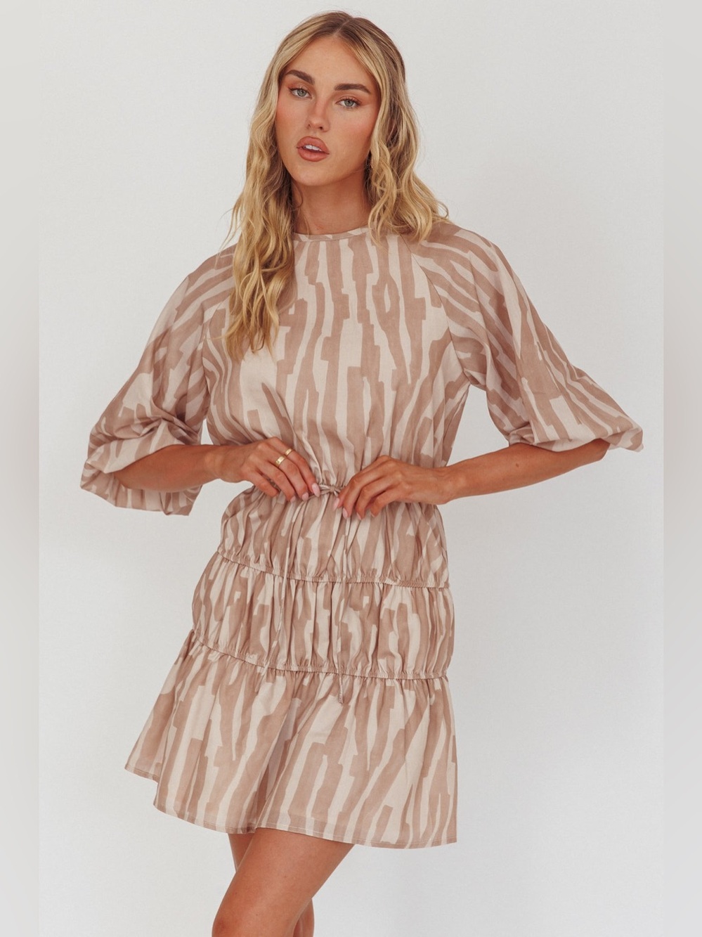 Indi Luxe Ezriah Puff Sleeve Mini Dress Zebra Print Coffee Small